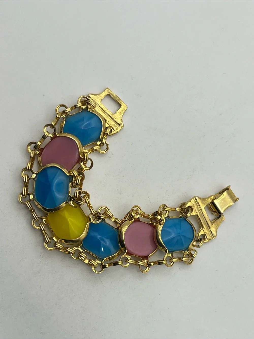 Pale Pink, blue, yellow oval cabochon gold tone vintage chain bracelet
